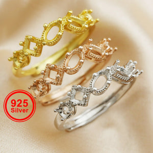 925 Sterling Silver Oval Square Round Prong Ring Setting Rose Plated DIY Bezel