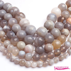 Faceted Round Banded Gray Agate Stone Beads 15 Inch