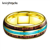 8mm Tungsten Carbide Ring Green-Turquoise Koa Wood Inlay Comfort Fit