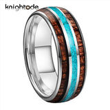 8mm Tungsten Carbide Ring Green-Turquoise Koa Wood Inlay Comfort Fit