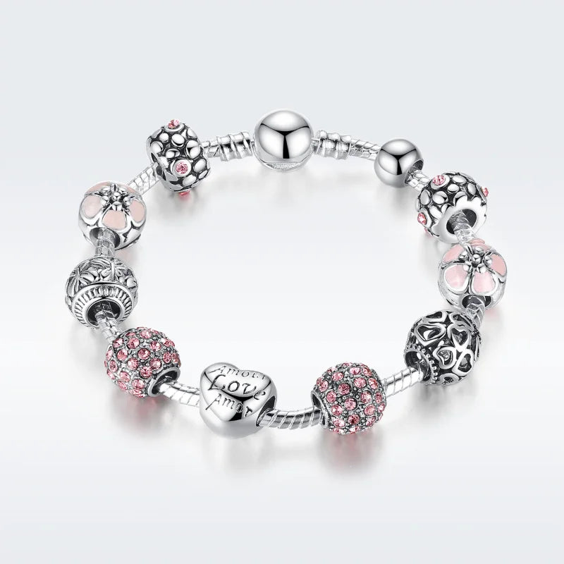 925 Sterling Silver Charm Bracelet with Love and Flower Beads