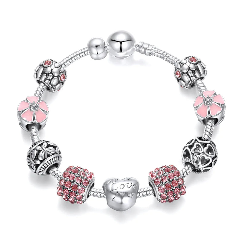 Women's Snake Chain Charm Bracelet with Love and Flower Beads