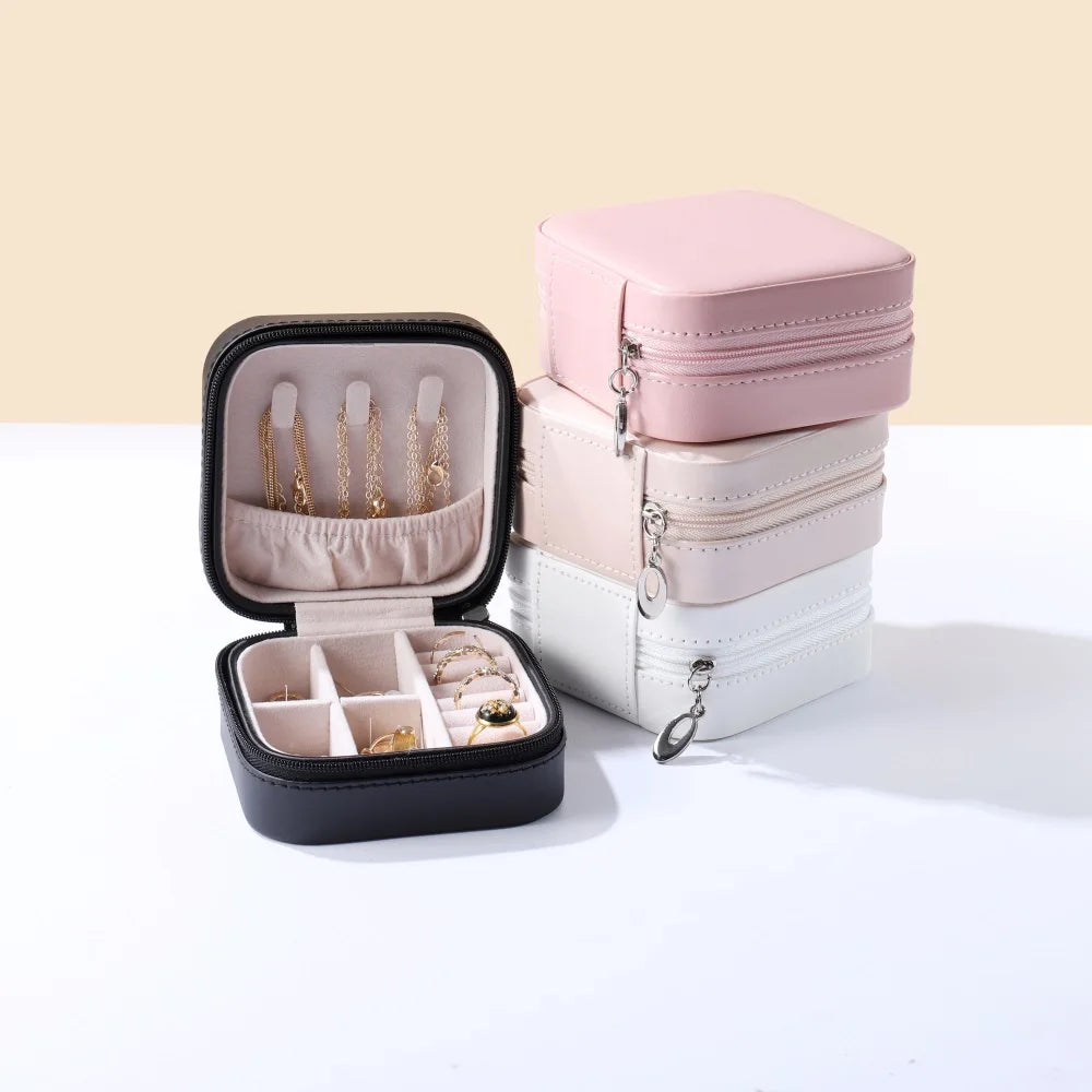 Portable Zipper Jewelry Box High Leather Earring Necklace Bracelet Storage