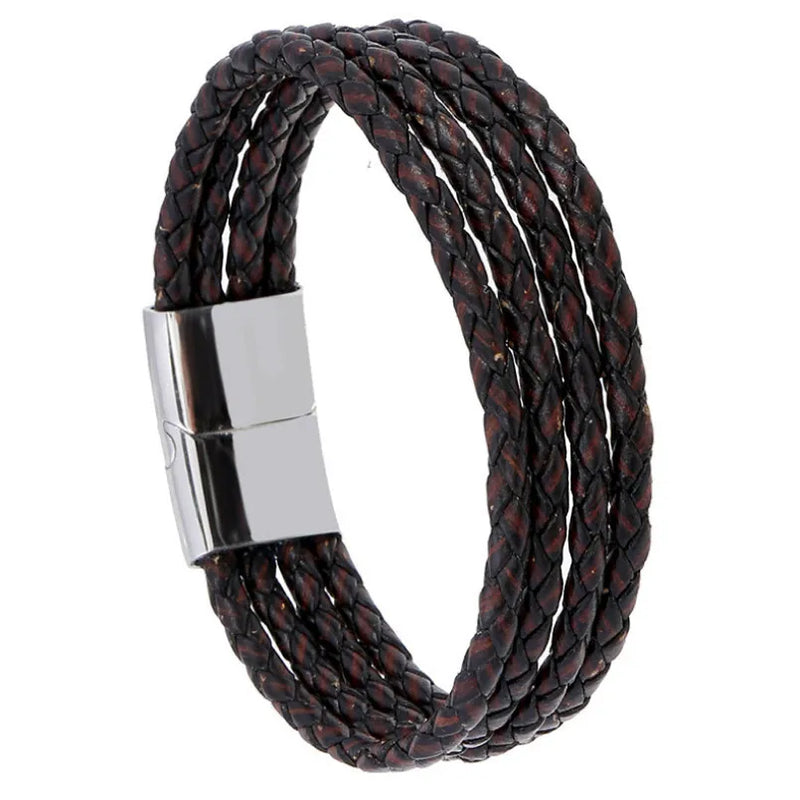 Punk Leather Chain Bracelet Wrap Bangle Magnetic Clasp Retro Wristband