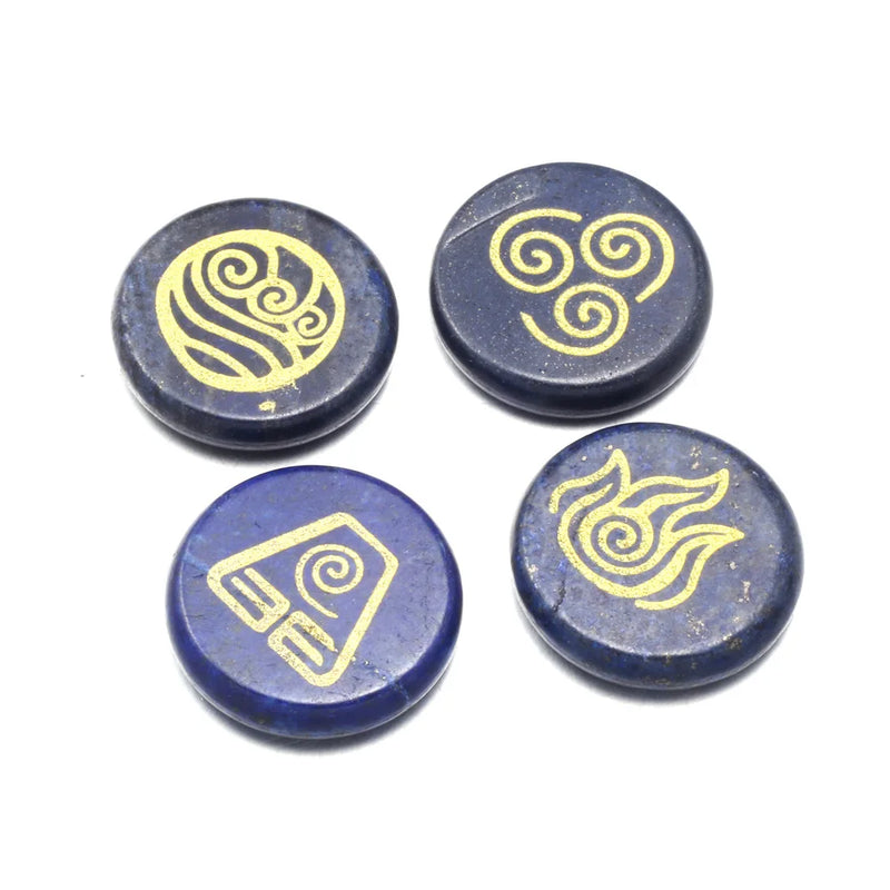 4 PCS Chakra Stones with Engraved Symbols Lapis Lazuli Palm Stone