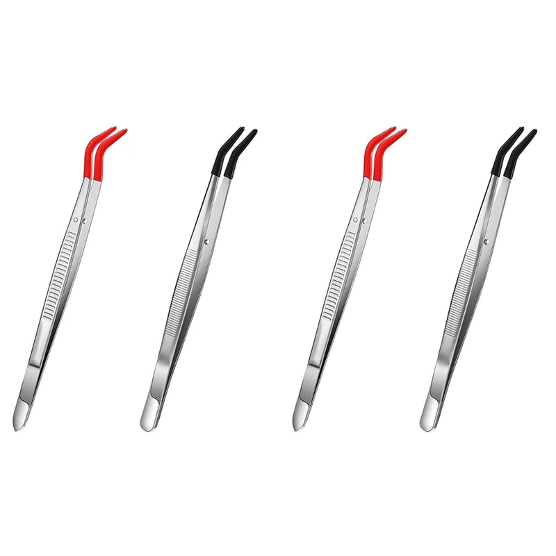 4 PCS Curved Bent Rubber Tip Tweezers Stainless Steel