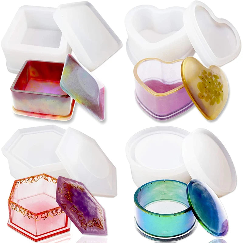 Set of 4 Box Resin Molds Heart Shape Hexagon Round Square Epoxy Containers