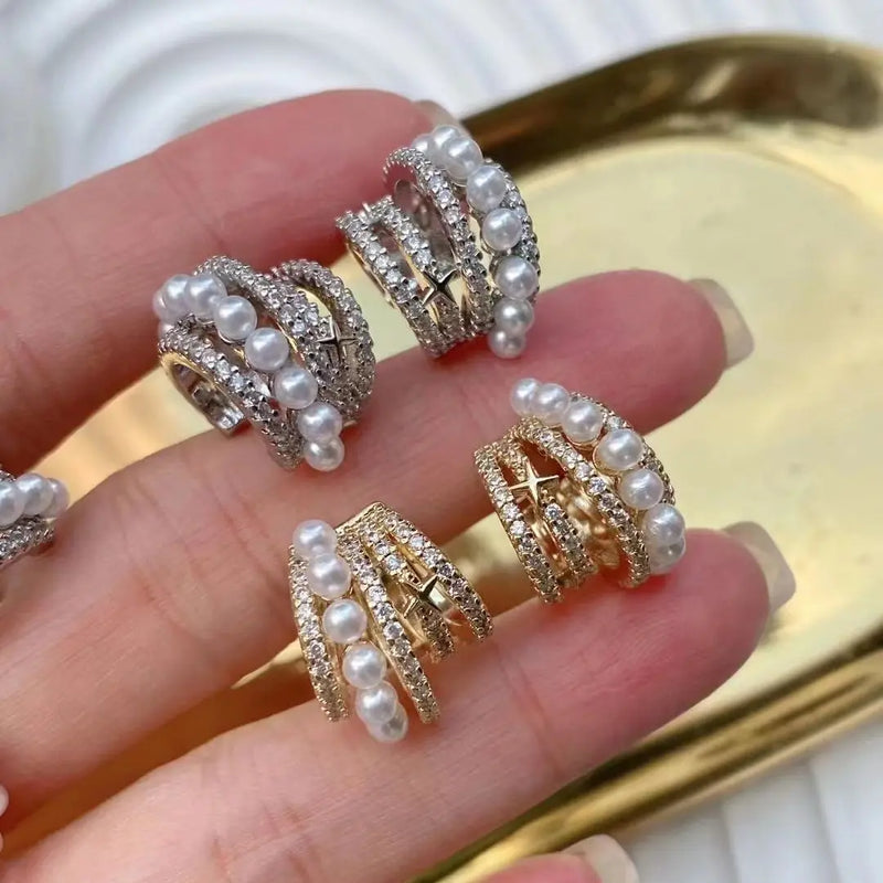 Vintage Gold/Silver Shell Pearl Clip Earrings For Women