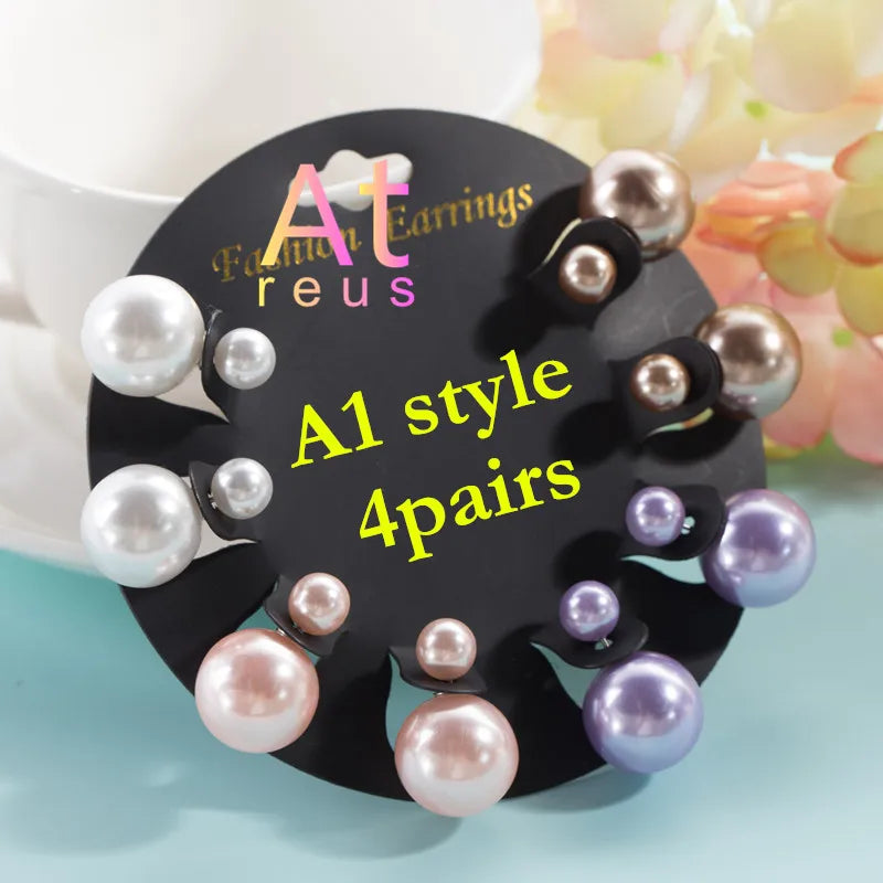 4 Pairs Double Sided Stud Earrings Set CZ Crystal Jewelry for Women