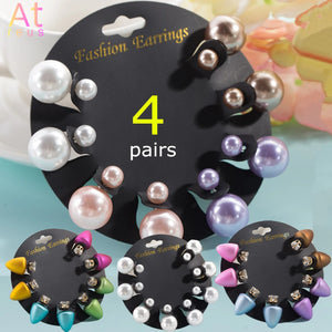 4 Pairs Double Sided Stud Earrings Set CZ Crystal Jewelry for Women