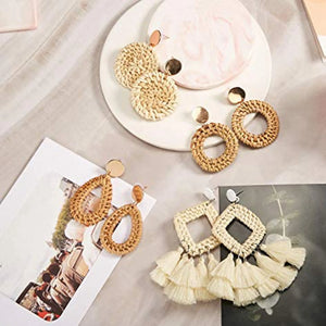 4 Pairs Rattan Earrings Geometric Tassel Bohemian Wicker Hoop Dangle