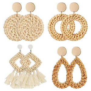 4 Pairs Rattan Earrings Geometric Tassel Bohemian Wicker Hoop Dangle