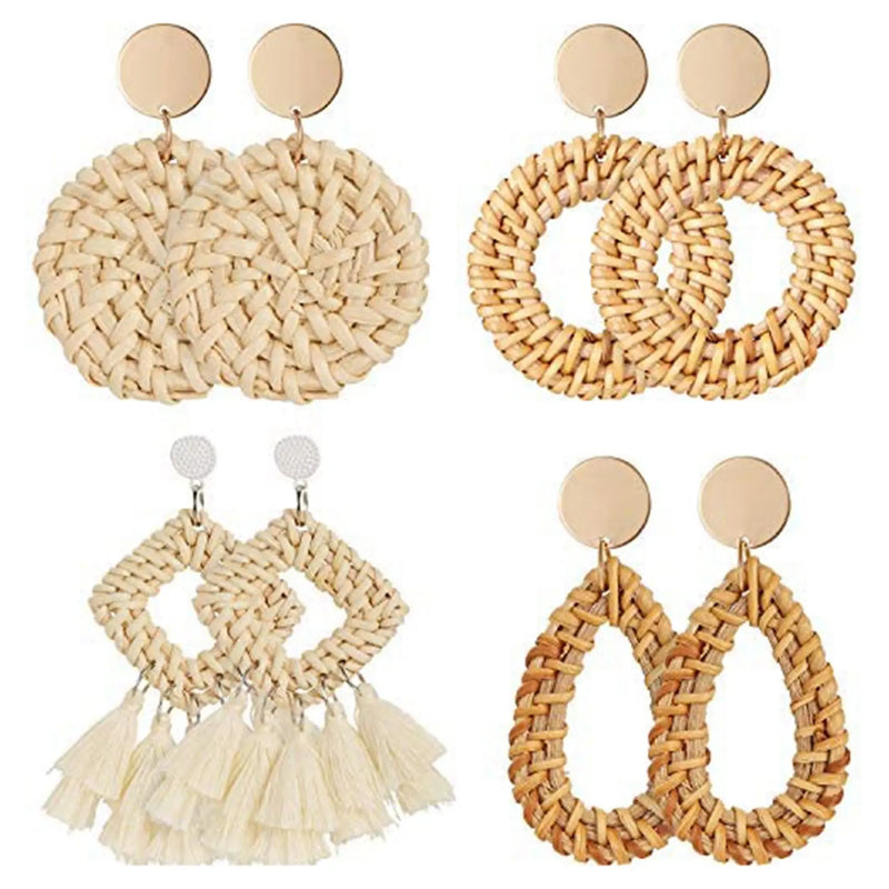 4 Pairs Rattan Earrings Geometric Tassel Bohemian Wicker Hoop Dangle