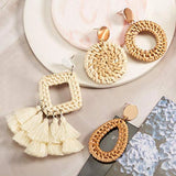 4 Pairs Rattan Earrings Geometric Tassel Bohemian Wicker Hoop Dangle