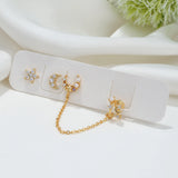 4 Pcs CZ Stud Earrings Set Star Moon Tassel Chain Ear Clip Party Jewelry