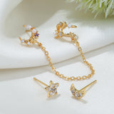 4 Pcs CZ Stud Earrings Set Star Moon Tassel Chain Ear Clip Party Jewelry