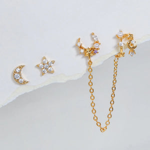4 Pcs CZ Stud Earrings Set Star Moon Tassel Chain Ear Clip Party Jewelry