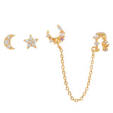 4 Pcs CZ Stud Earrings Set Star Moon Tassel Chain Ear Clip Party Jewelry