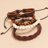 Weave Charm Wrap Leather Wood Beads Bracelets Set