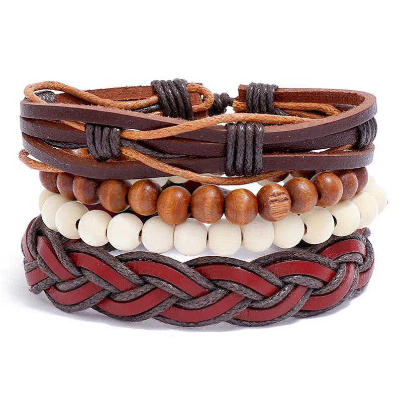 Weave Charm Wrap Leather Wood Beads Bracelets Set