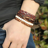 Weave Charm Wrap Leather Wood Beads Bracelets Set
