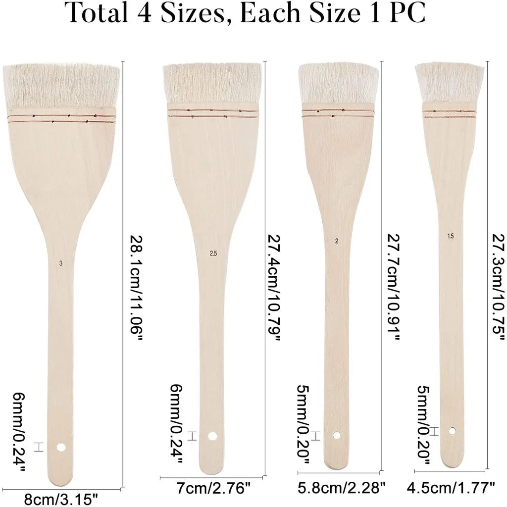 4 Size Flat Hake Sheep Hair Wash Brush Set for Watercolor & Pottery Painting