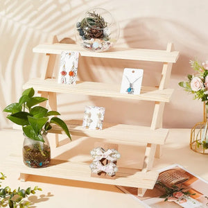 4-Tier Wooden Display Stand Riser Earring Ring Holder Unfinished Wood