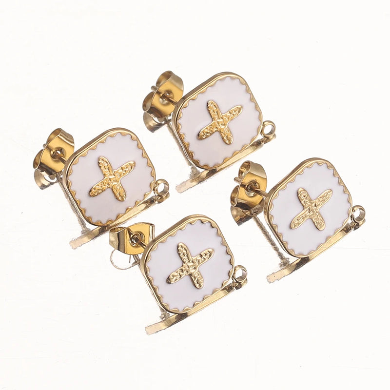 4 pcs Gold-Plate Enamel Stainless Steel Earring Posts with Loop Cross