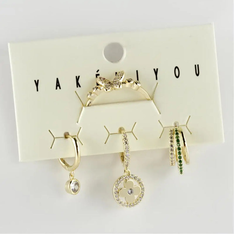 4 pcs Zircon Steel Earrings Ring Set