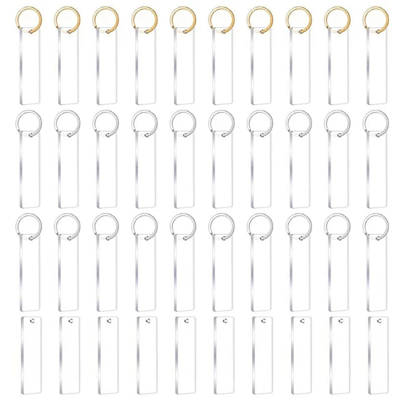 40 Acrylic Keychain Blanks with Metal Key Chain- Transparent Rectangle Discs
