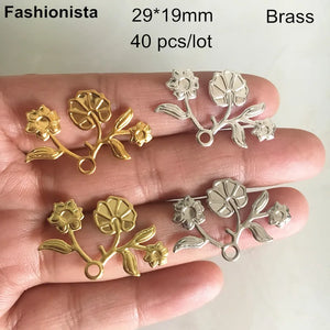 40 pcs Brass Flower Charms 29*19mm Branch With Flowers and Leaf