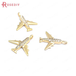 6PCS 12.8x14MM 24K Brass Zircon Aircraft Charms Pendants DIY Jewelry Making