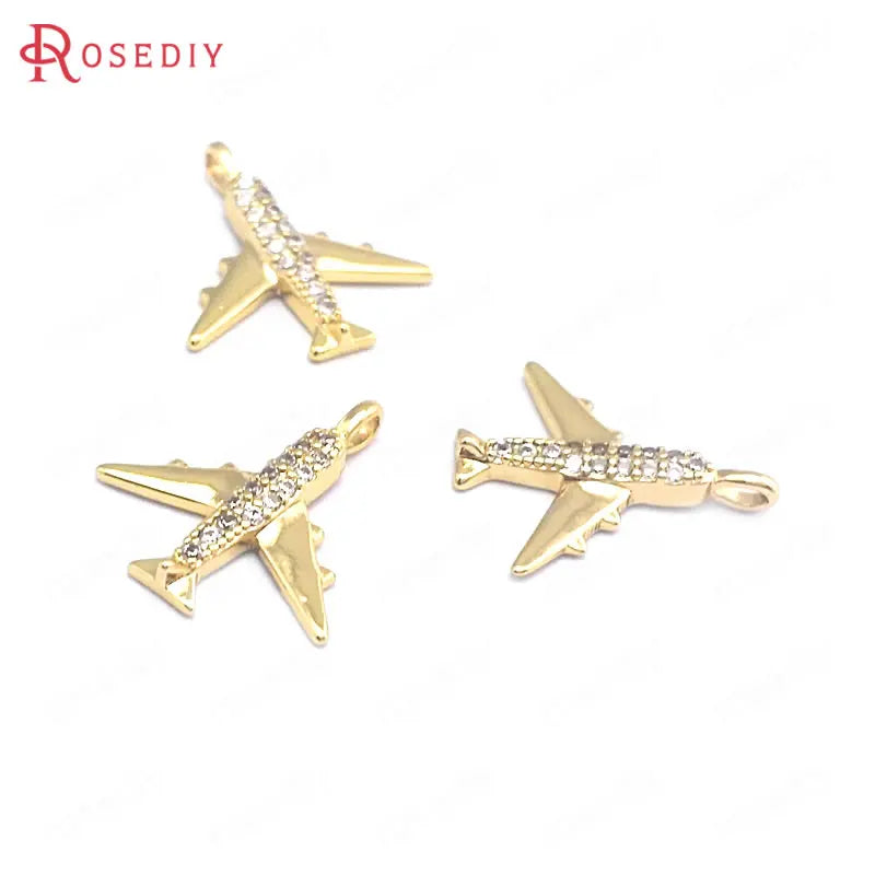 6PCS 12.8x14MM 24K Brass Zircon Aircraft Charms Pendants DIY Jewelry Making