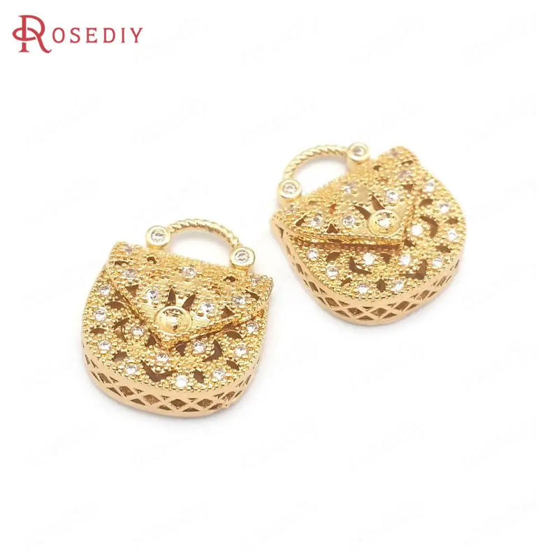 6PCS 17.5x14.5MM Champagne Brass Zircon Handbag Charms Pendants