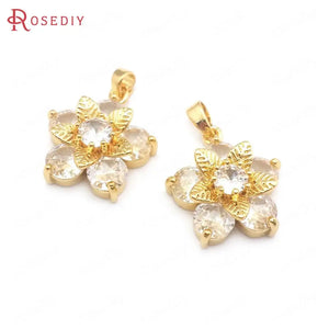 4PCS Flower 24K Brass Zircon Necklaces Charms Pendants Jewelry Making