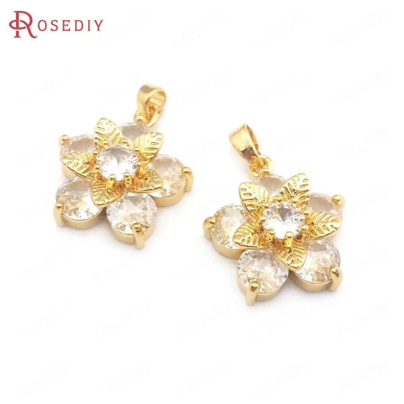 4PCS Flower 24K Brass Zircon Necklaces Charms Pendants Jewelry Making