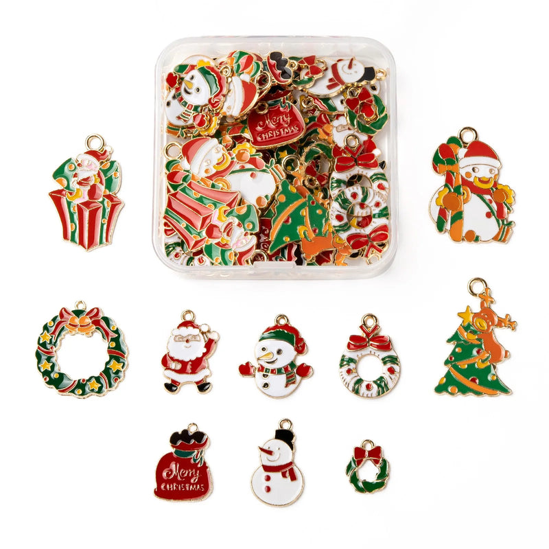 40Pcs Christmas Alloy Enamel Pendants Snowman Reindeer Bell