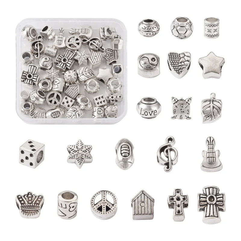 40Pcs Antique Silver European Beads Large Hole Spacer Charms for Jewelry Making