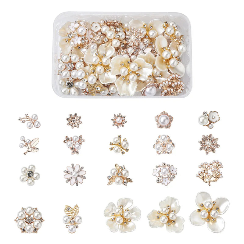 40Pcs Flower Alloy Cabochons Rhinestones Crystal Pearl Button Sewing DIY Craft