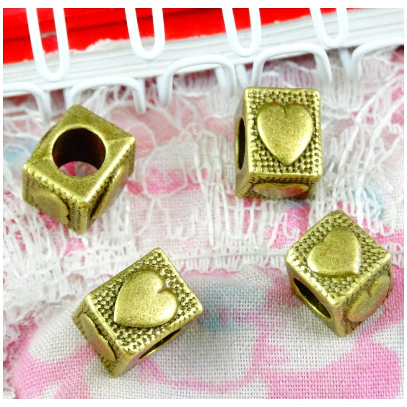 40Pcs Vintage Heart Square Beads 4.8MM Big Hole Charms Pendant DIY