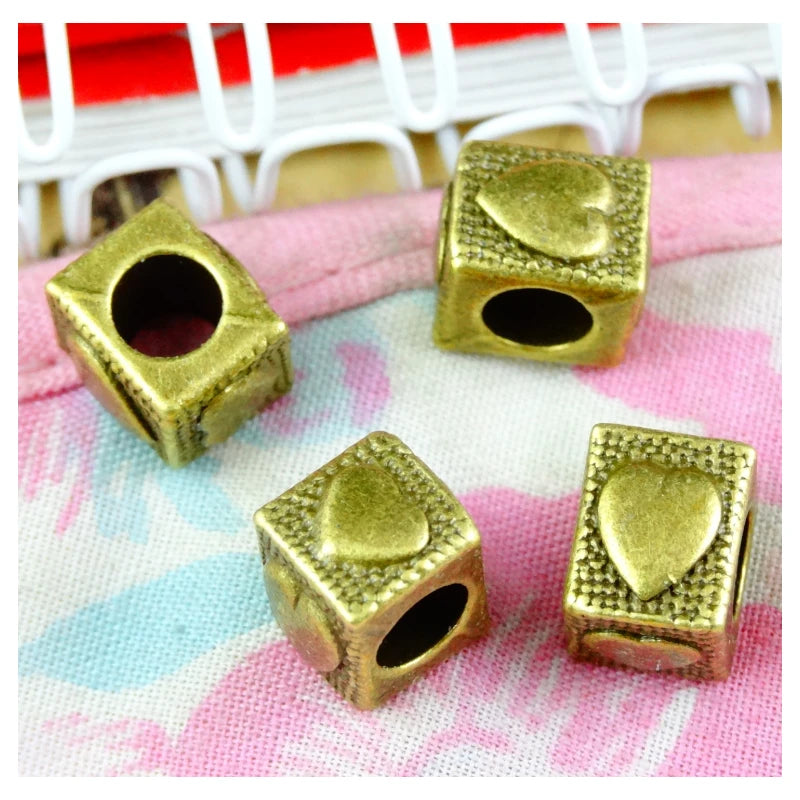 40Pcs Vintage Heart Square Beads 4.8MM Big Hole Charms Pendant DIY