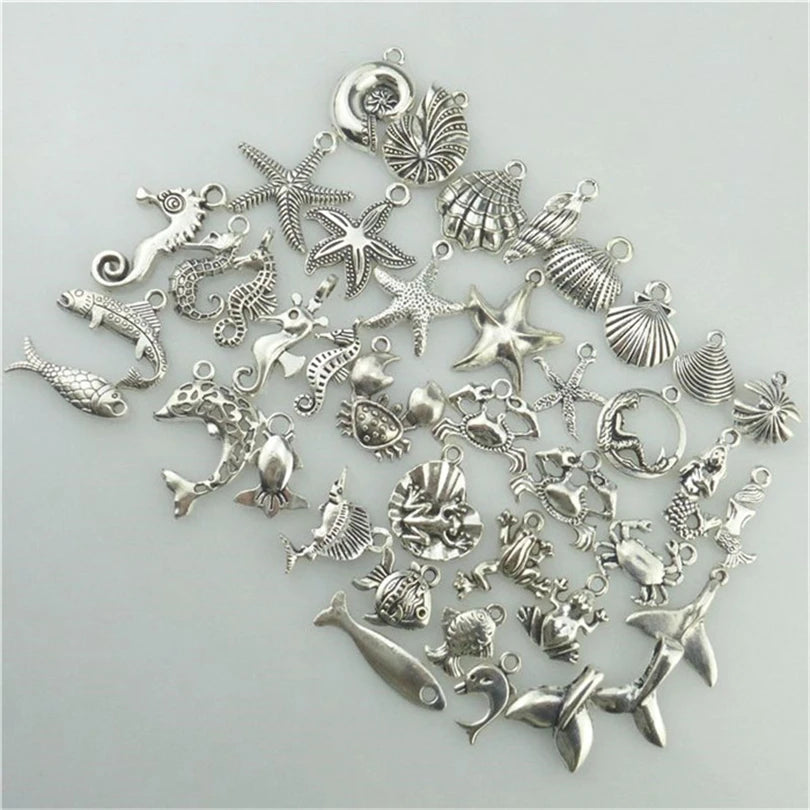 40Pcs Silver Ocean Charm Pendant Mix for DIY Jewelry Making
