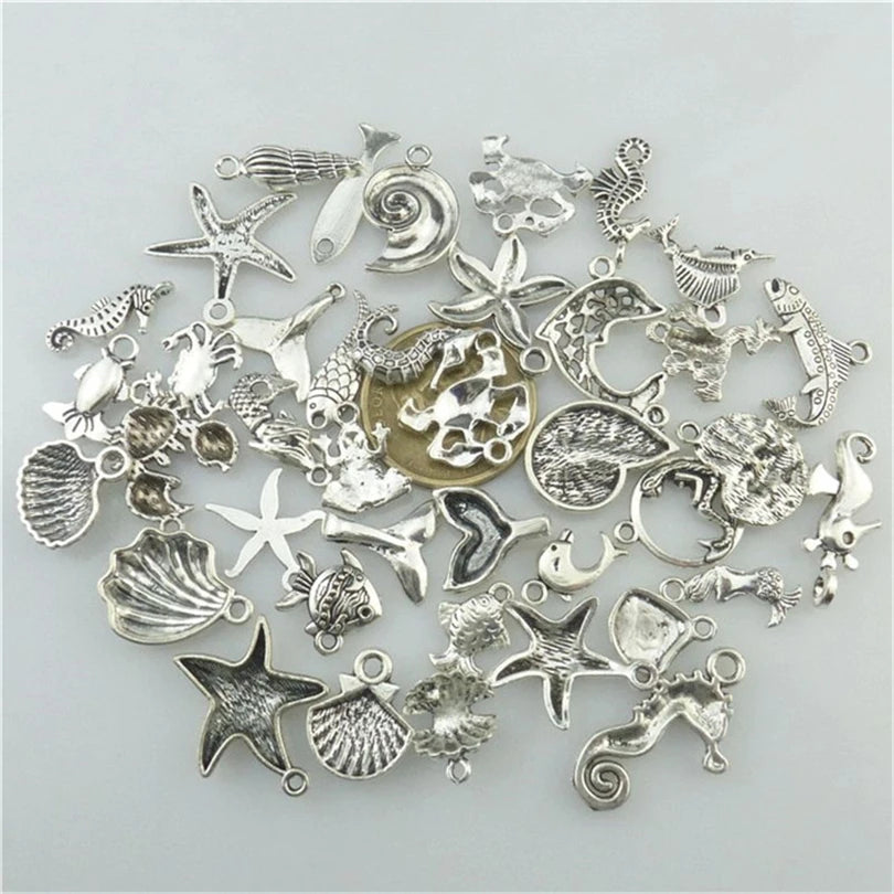 40Pcs Silver Ocean Charm Pendant Mix for DIY Jewelry Making