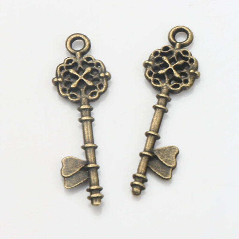 40Pcs Antique Bronze Flower Heart Key Charms Pendants Jewelry