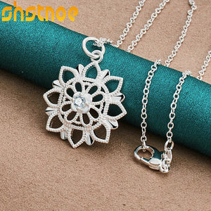 925 Silver Zircon Flower Pendant Necklace Women Bridal Wedding Jewelry