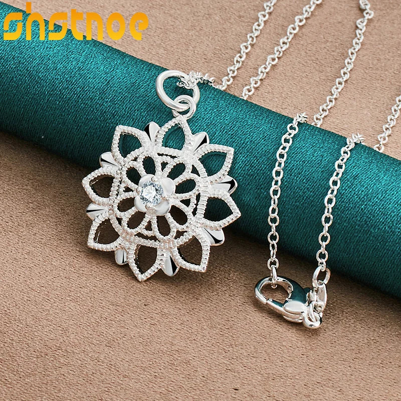 925 Silver Zircon Flower Pendant Necklace Women Bridal Wedding Jewelry