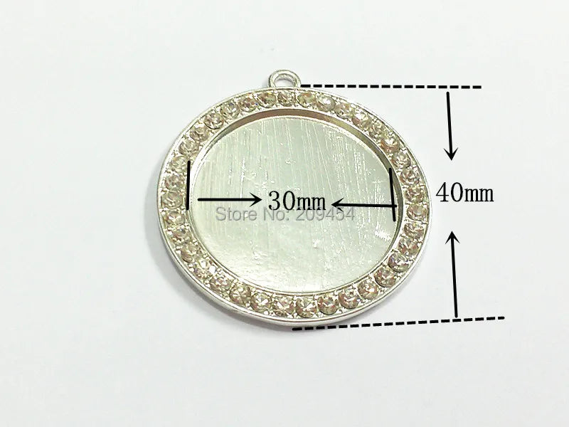 40mm Silvery Plated Pendant Trays with Clear Rhinestone for Chunky Pendants