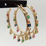 Rainbow CZ Charm Circle Hoop Earrings Boho Steampunk Ear Clip Earrings