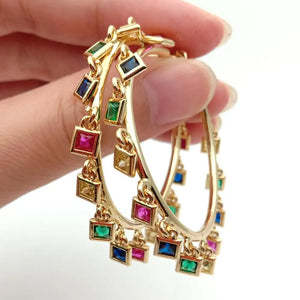 Rainbow CZ Charm Circle Hoop Earrings Boho Steampunk Ear Clip Earrings