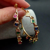 Rainbow CZ Charm Circle Hoop Earrings Boho Steampunk Ear Clip Earrings